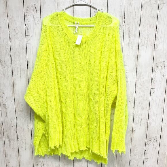 Anthropologie Sweater Women Size 2X The Posey Stitchy Distressed Wool Neon Boho - Picture 1 of 7